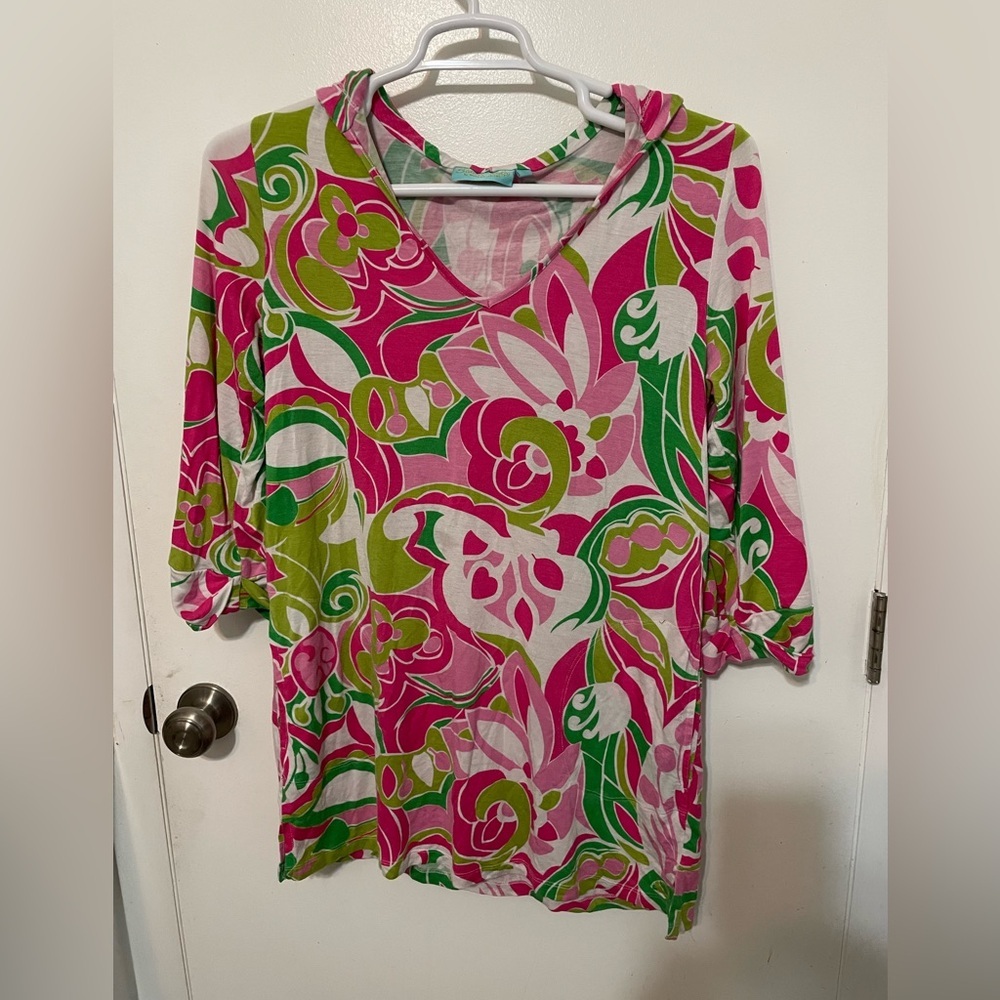 Beach Candie by Margaret josephs floral long sleeve hooded beach cover Up Tunic